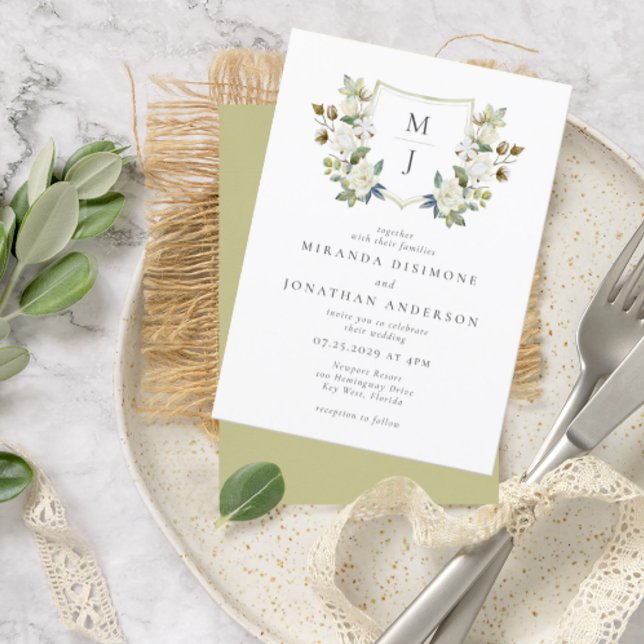 Invitation Élégant Mariage de Monogramme vert de la crête flo (Créateur téléchargé)