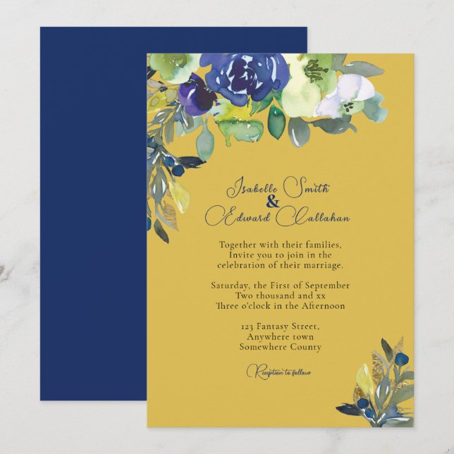 Invitation Elégant Mariage de moutarde florale de la marine (Devant / Derrière)