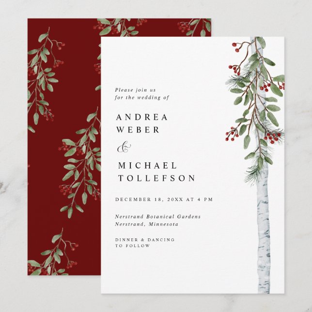 Invitation Élégant Mariage de Noël Bourgogne (Devant / Derrière)