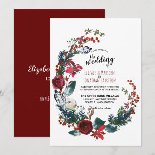 Invitation Élégant Mariage de Noël Floral de Bourgogne rouge