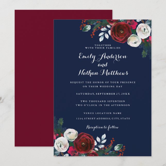 Invitation Élégant Mariage de Noël Floral de la marine bourgu (Devant / Derrière)