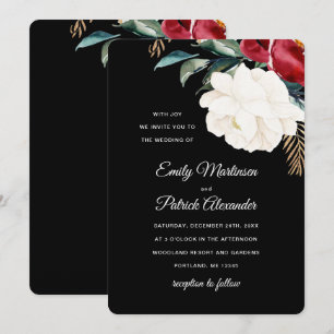 Invitation Élégant Mariage de Noël Floral Noir