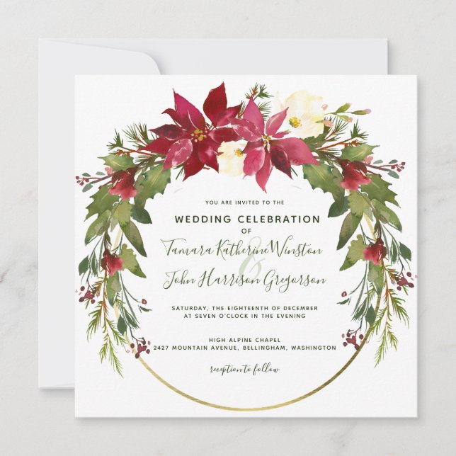 Invitation Élégant Mariage de Noël Poinsettia Floral hiver (Devant)
