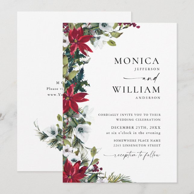 Invitation Élégant Mariage de Noël Rouge Poinsettia (Devant / Derrière)