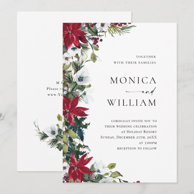 Invitation Élégant Mariage de Noël Rouge Poinsettia (Devant / Derrière)