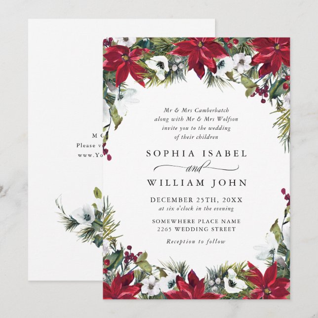 Invitation Élégant Mariage de Noël Rouge Poinsettia (Devant / Derrière)