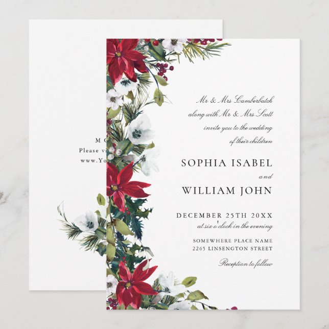 Invitation Élégant Mariage de Noël Rouge Poinsettia (Devant / Derrière)