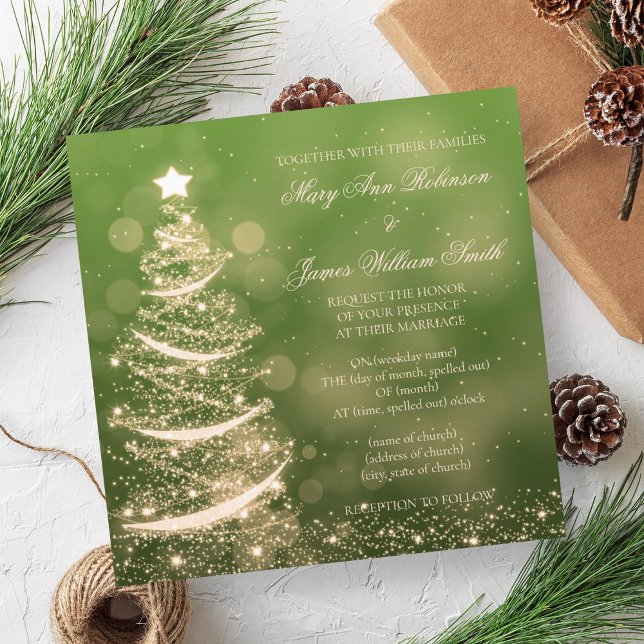 Invitation Élégant Mariage de Noël Vert & Or (Elegant Green & Gold Christmas Wedding Invitation)