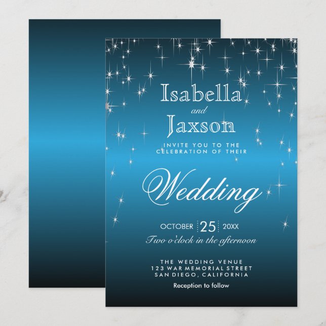 Invitation Élégant Mariage de nuit étoilé dans le bleu ciel (Devant / Derrière)