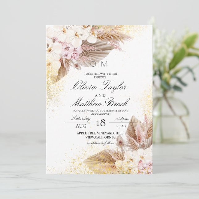 Invitation Élégant Mariage de Pampas Boho Neutre (Debout devant)