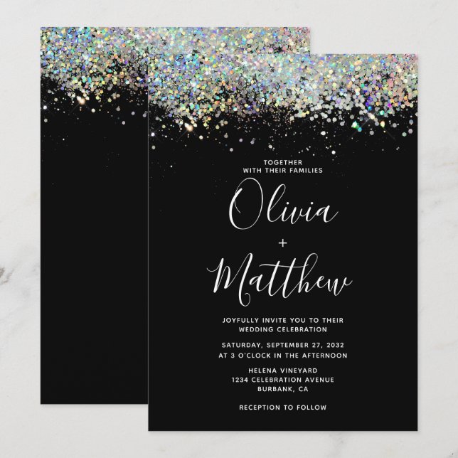 Invitation Élégant Mariage de Parties scintillant holographiq (Devant / Derrière)