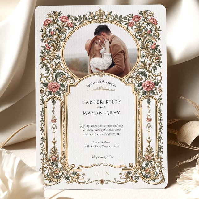 Invitation Élégant Mariage de photos florales d'or baroque (Créateur téléchargé)