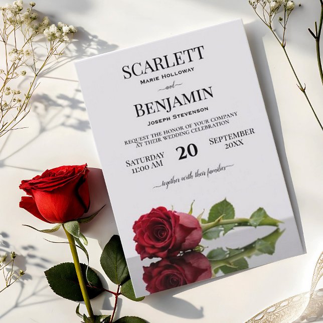 Invitation Élégant Mariage de Rose rouge Crimson à longue tig (Créateur téléchargé)