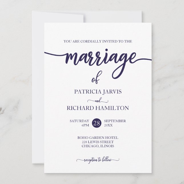Invitation Élégant Mariage de script bleu et blanc de la mari (Devant)