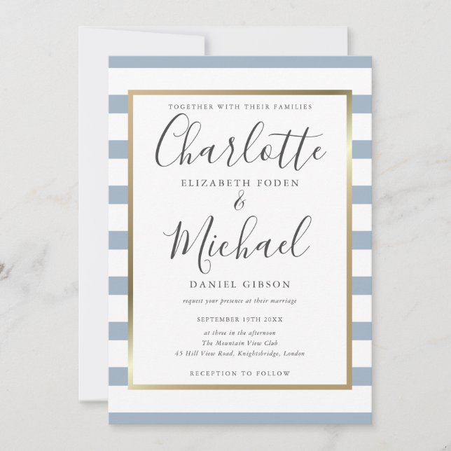 Invitation Élégant Mariage de script de bande bleue Dusty (Devant)