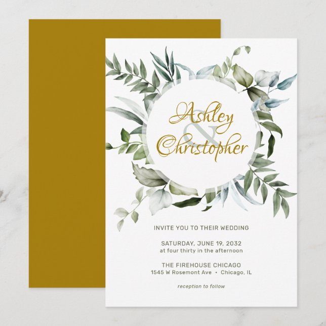 Invitation Élégant Mariage de script de verdure moderne (Devant / Derrière)
