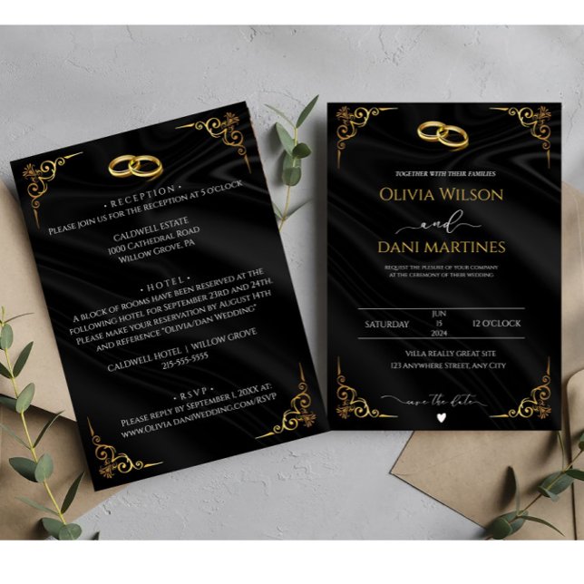 Invitation Élégant Mariage de script Foil Black Gold Faux (Créateur téléchargé)