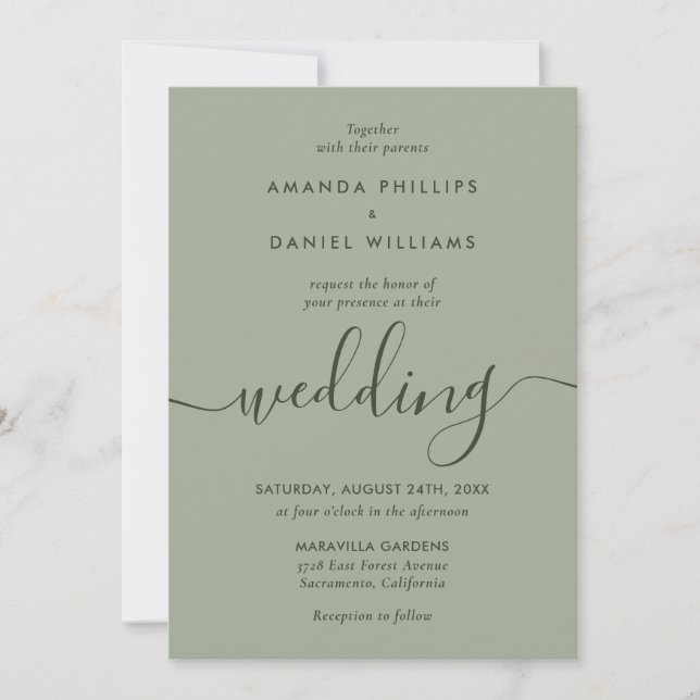 Invitation Élégant Mariage de script moderne Sage Green (Devant)
