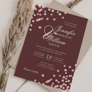 Invitation Élégant Mariage de script Rose or Confetti Bourgog