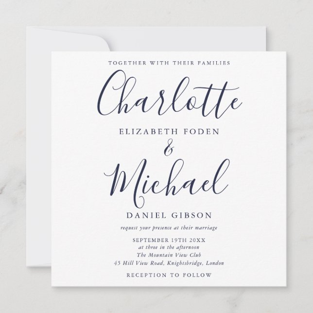 Invitation Élégant Mariage de script signature bleu marine (Devant)
