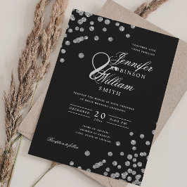 Invitation Élégant Mariage de script Silver Confetti QR Noir