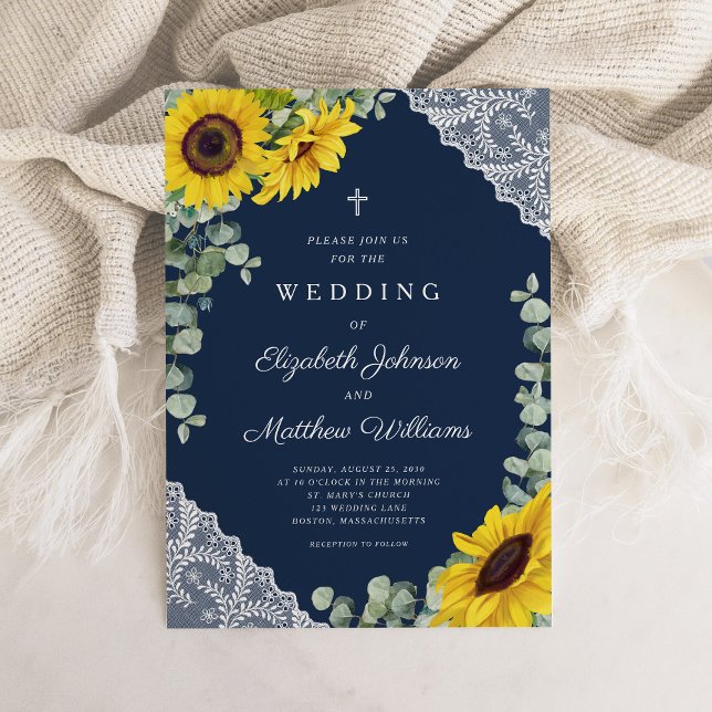 Invitation Élégant Mariage de tournesol bleu marine (Rustic Religious Navy Blue Sunflower Wedding Invitation)