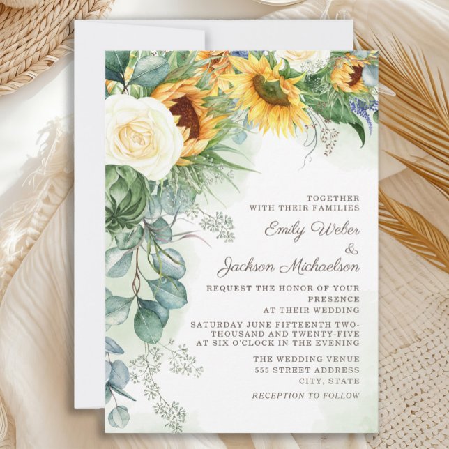 Invitation Élégant Mariage de tournesol Eucalyptus Roses blan (Elegant country-style sunflowers and eucalyptus wedding invitation)