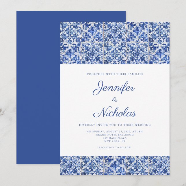 Invitation Elégant Mariage de tuiles Bleues Méditerranéennes (Devant / Derrière)
