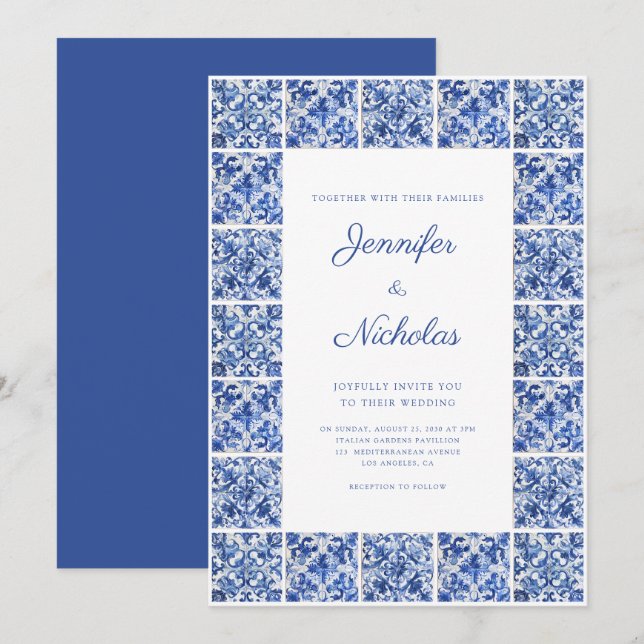 Invitation Elégant Mariage de tuiles Bleues Méditerranéennes (Devant / Derrière)