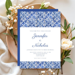 Invitation Elégant Mariage de tuiles Bleues Méditerranéennes