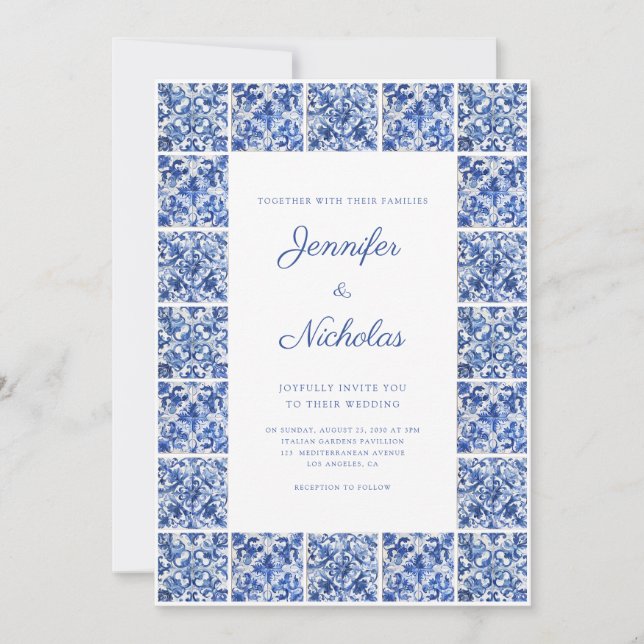 Invitation Elégant Mariage de tuiles Bleues Méditerranéennes (Devant)