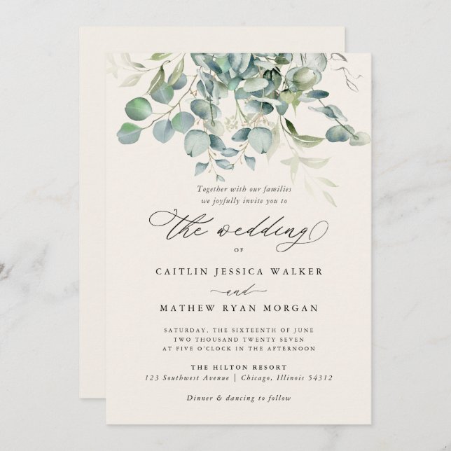 Invitation Elégant Mariage de verdure Eucalyptus (Devant / Derrière)
