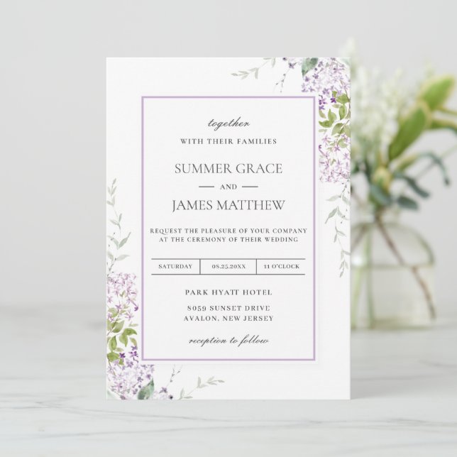 Invitation Élégant Mariage de verdure fleurie mauve Lilac  (Debout devant)