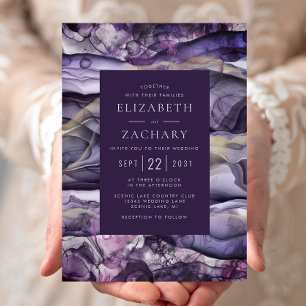 Invitation Élégant Mariage d'encre liquide violet or