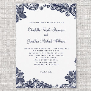 Invitation Elégant Mariage dentelle Personnalisé Photo Bleu B
