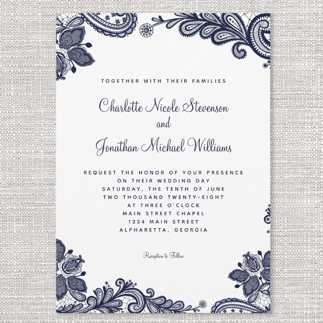 Invitation Elégant Mariage dentelle Personnalisé Photo Bleu B (Créateur téléchargé)