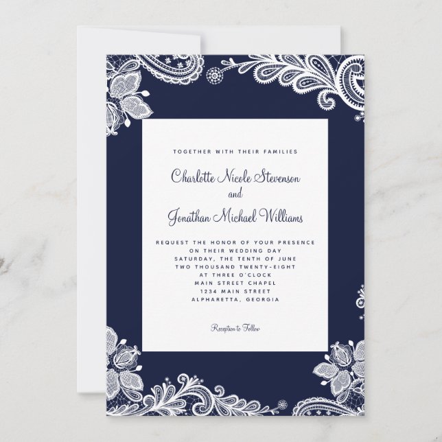 Invitation Elégant Mariage dentelle photo personnalisée Marin (Devant)