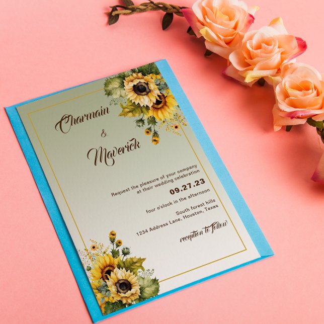 Invitation Élégant Mariage d'été de tournesol vert Sage (Créateur téléchargé)