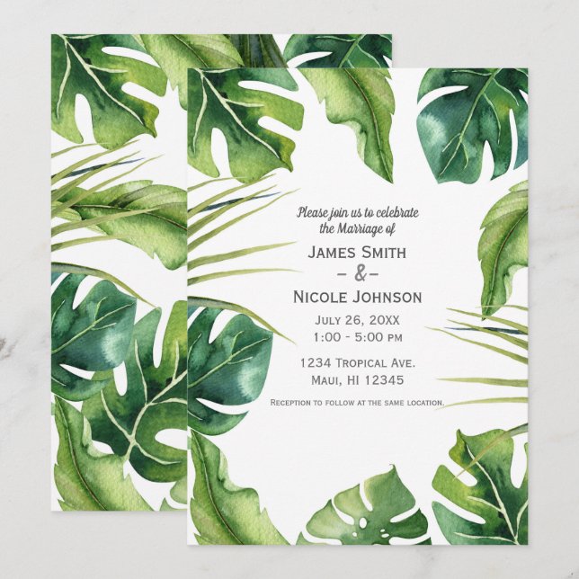 Invitation Élégant mariage d'été tropical avec feuilles de pa (Devant / Derrière)