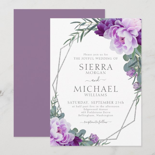 Invitation Elégant Mariage d'Eucalyptus Floral Argent & Viole (Devant / Derrière)
