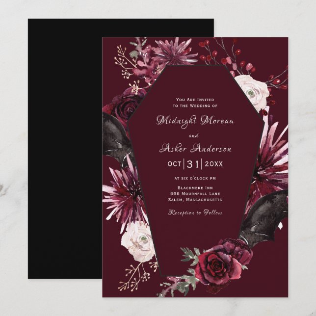 Invitation Élégant Mariage d'Halloween gothique Floral Coffin (Devant / Derrière)