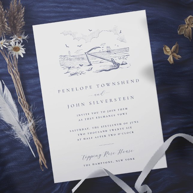 Invitation Élégant Mariage d'illustration de l'Ancre de plage (Elegant white wedding invitation with an illustration of the beach and an anchor)