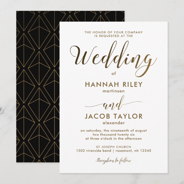 Invitation Élégant Mariage d'impression géométrique noir et o (Devant / Derrière)
