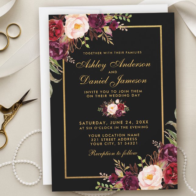 Invitation Élégant Mariage d'or noir floral bordeaux (Customize to change text color, style, add text & photos to back or change color of back of card.)