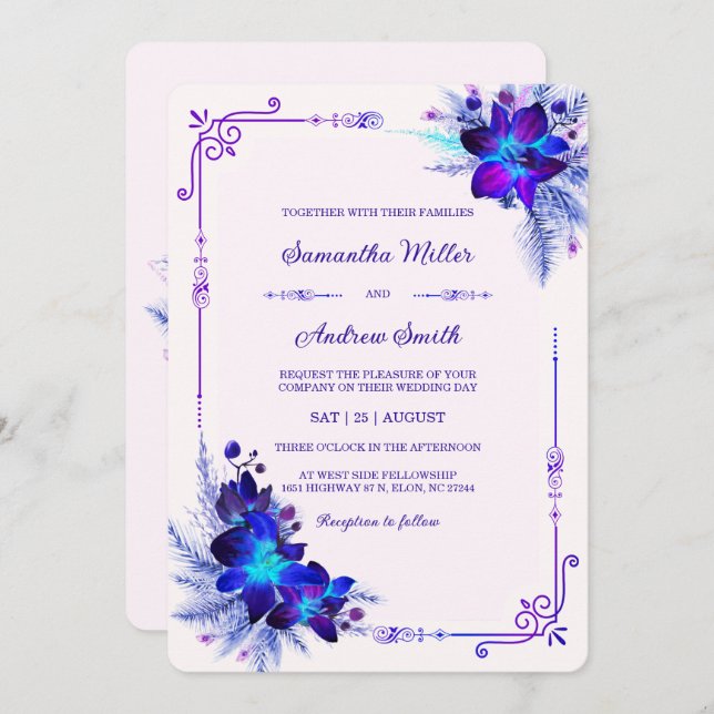 Invitation Elégant Mariage d'orchidée bleu et violet (Devant / Derrière)