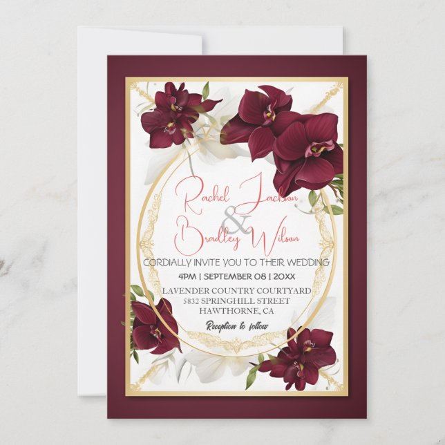 Invitation Elégant Mariage d'orchidée bourguignonne fleurit c (Devant)