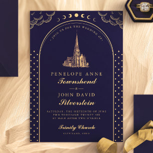 Invitation Élégant Mariage Église Violet Or Art Déco