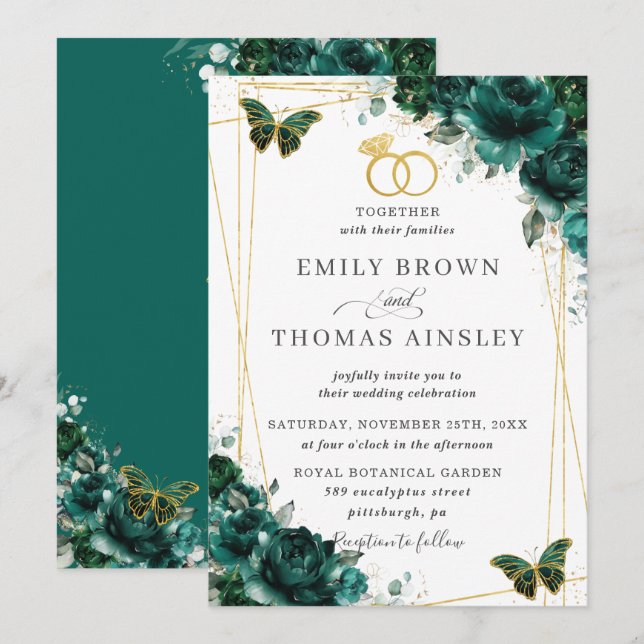 Invitation Elégant Mariage Emerald Green Butterflies Floral (Devant / Derrière)