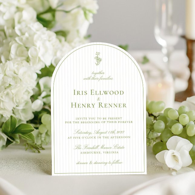 Invitation Elégant Mariage en arche vert et beige (Elegant Arch Sage Green & Beige Stripe Wedding Invitation)