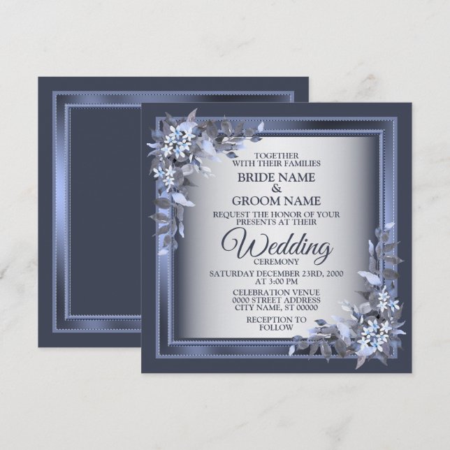 Invitation Elégant Mariage en argent encadré bleu marine (Devant / Derrière)